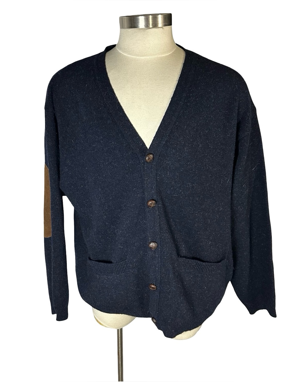 Vtg Eddie Bauer Blue Elbow Patch Cardigan Sweater Sz XL Black Tag Heritage Wool